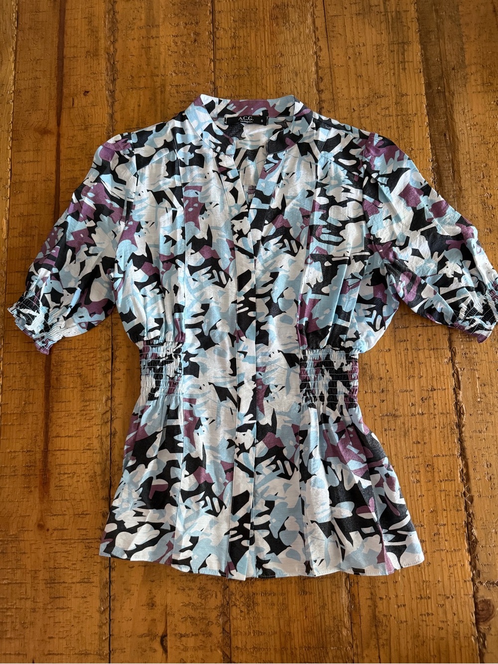 Printed Smocked-Waist Blouse in Blue, Purple & Black